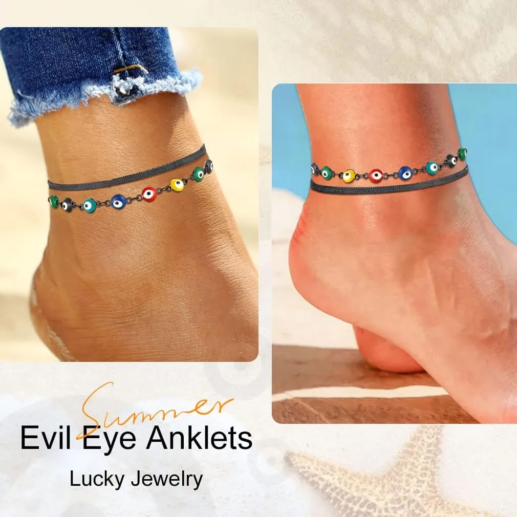 Supcare Evil Eye Anklets for Women,Cuban/Figaro/Mariner/Snake Chain Layered Ankle Bracelet Gifts (with Gift Packing)