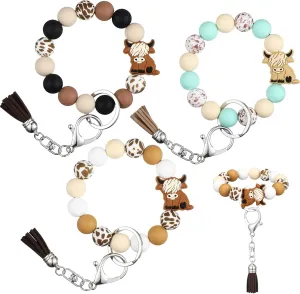 Sureio 3 Pcs Highland Cow Keychain Gift for Women Silicone Bracelet Keychain Bulk Western Wristlet for Car Keys with Leather Tassel