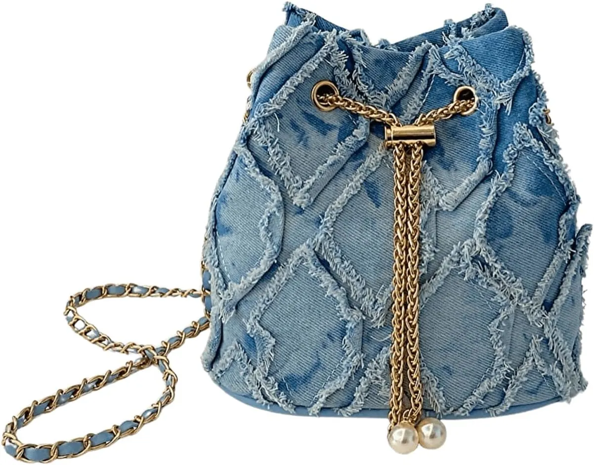 SweatyRocks Women's Denim Crossbody Bags Distressed Jean Purses Chain Bucket Bags