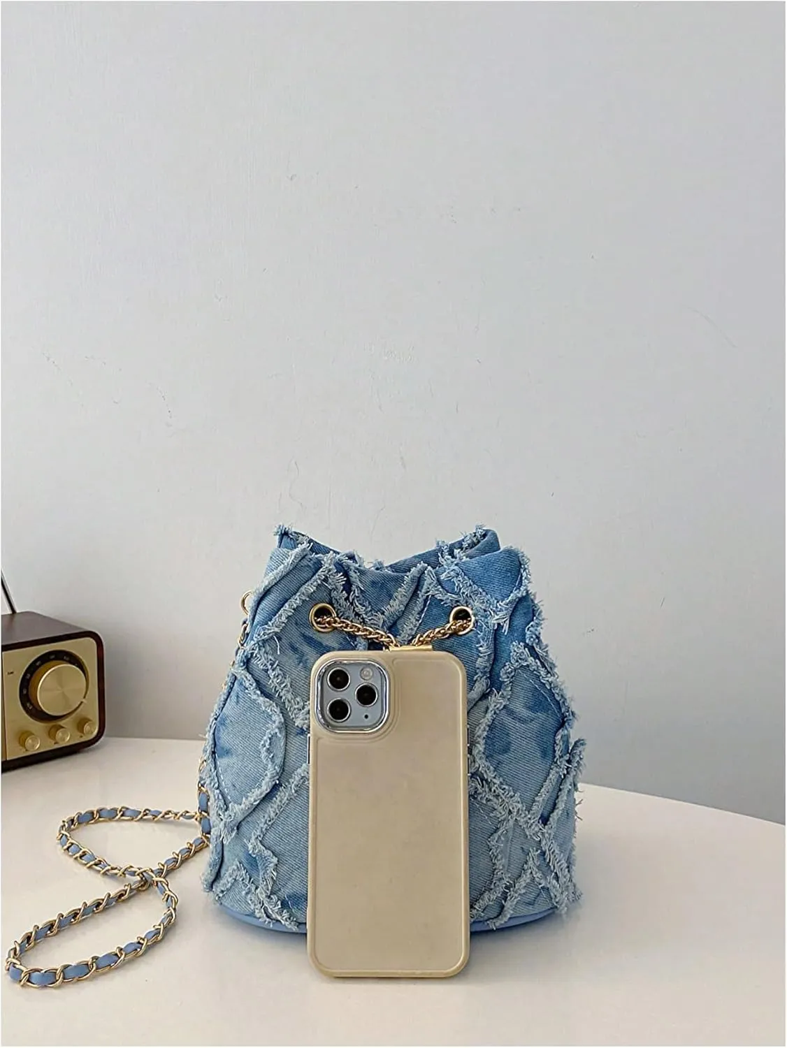 SweatyRocks Women's Denim Crossbody Bags Distressed Jean Purses Chain Bucket Bags