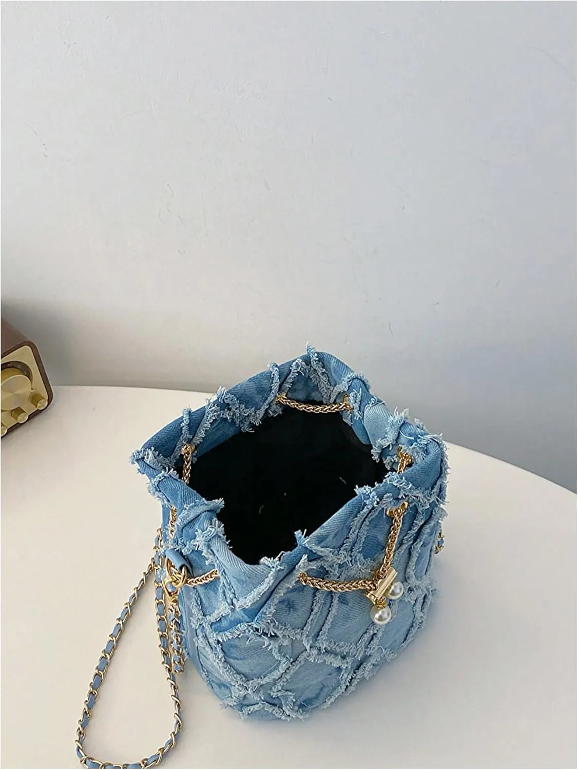 SweatyRocks Women's Denim Crossbody Bags Distressed Jean Purses Chain Bucket Bags