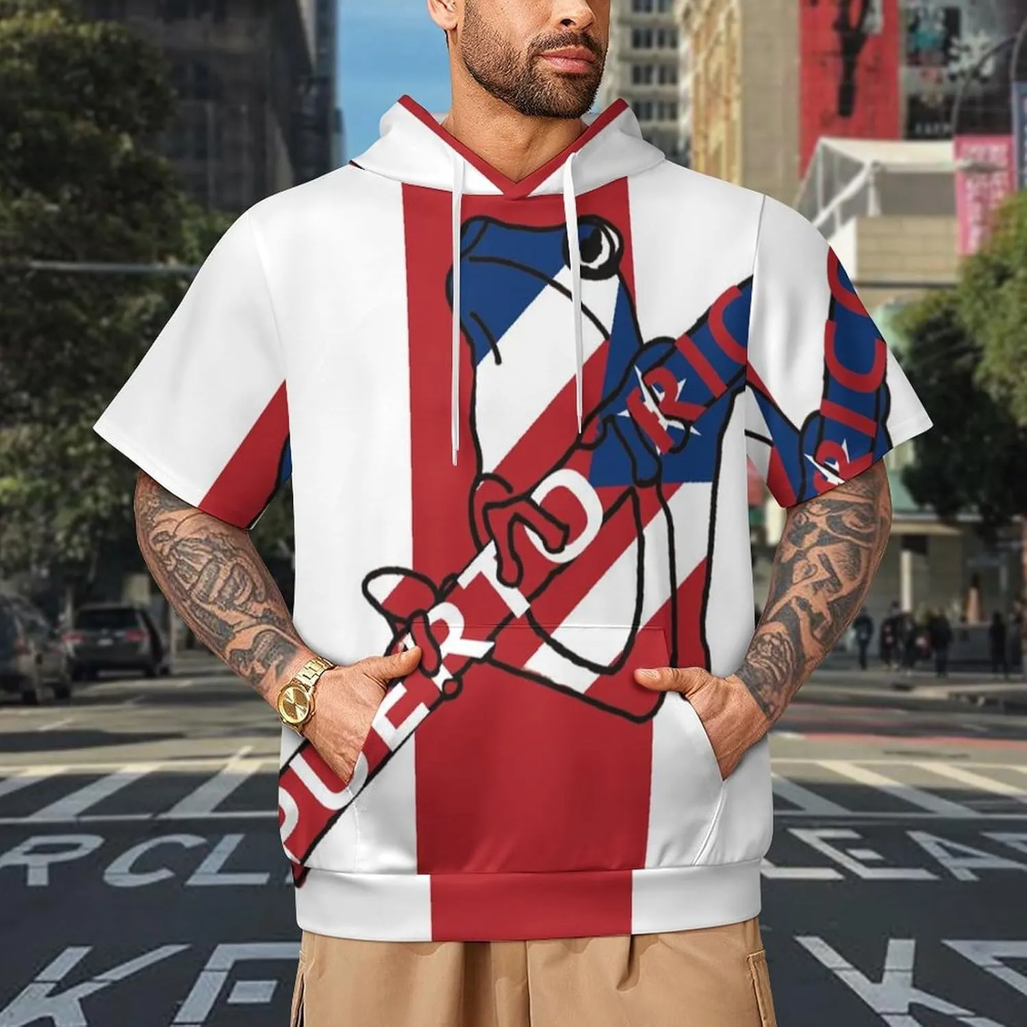 TAIZIYEAH Puerto Rico Flag-Frog Short Sleeved Hoodie Mens Short Sleeve Hoodie Sweatshirts Drawstring Pullover Unique