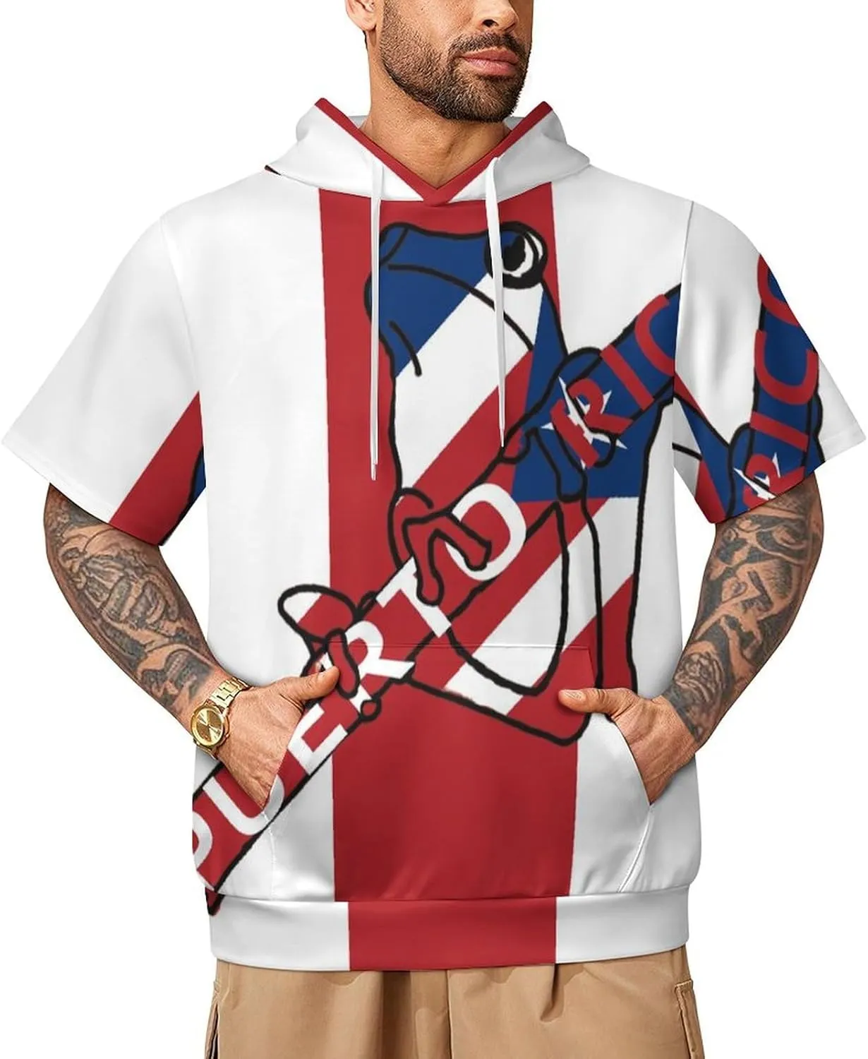 TAIZIYEAH Puerto Rico Flag-Frog Short Sleeved Hoodie Mens Short Sleeve Hoodie Sweatshirts Drawstring Pullover Unique