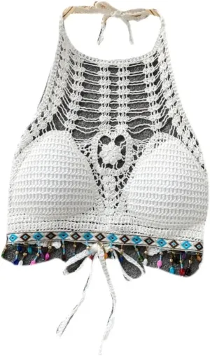 Tank Tops for Women Crop Top Crochet Flower Hollow Out Halterneck Off-Shoulder Beach Camisole Female Tassels Tops