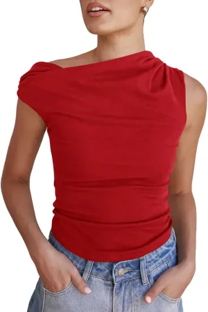 Tankaneo Womens Off The Shoulder Tops Boat Neck Fitted Ruched Shirt Summer Trendy Y2K Going Out Tank Tops
