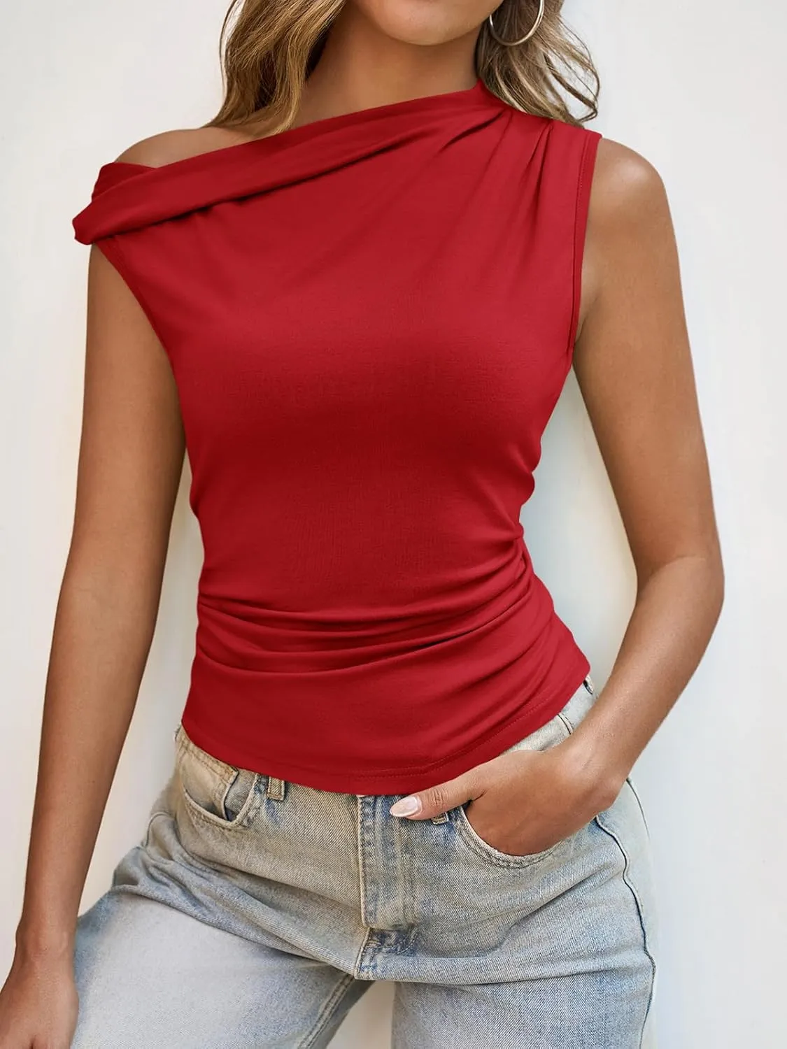 Tankaneo Womens Off The Shoulder Tops Boat Neck Fitted Ruched Shirt Summer Trendy Y2K Going Out Tank Tops
