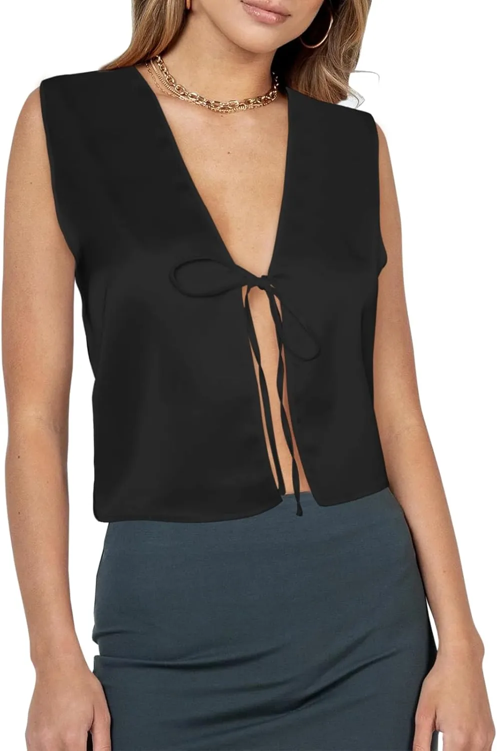 Tankaneo Womens Tie Front Tank Tops Summer V Neck Satin Sleeveless Club Sexy Y2K Cami Crop Tops