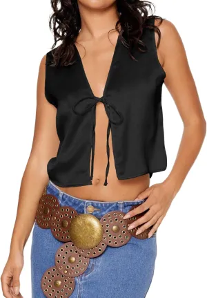 Tankaneo Womens Tie Front Tank Tops Summer V Neck Satin Sleeveless Club Sexy Y2K Cami Crop Tops
