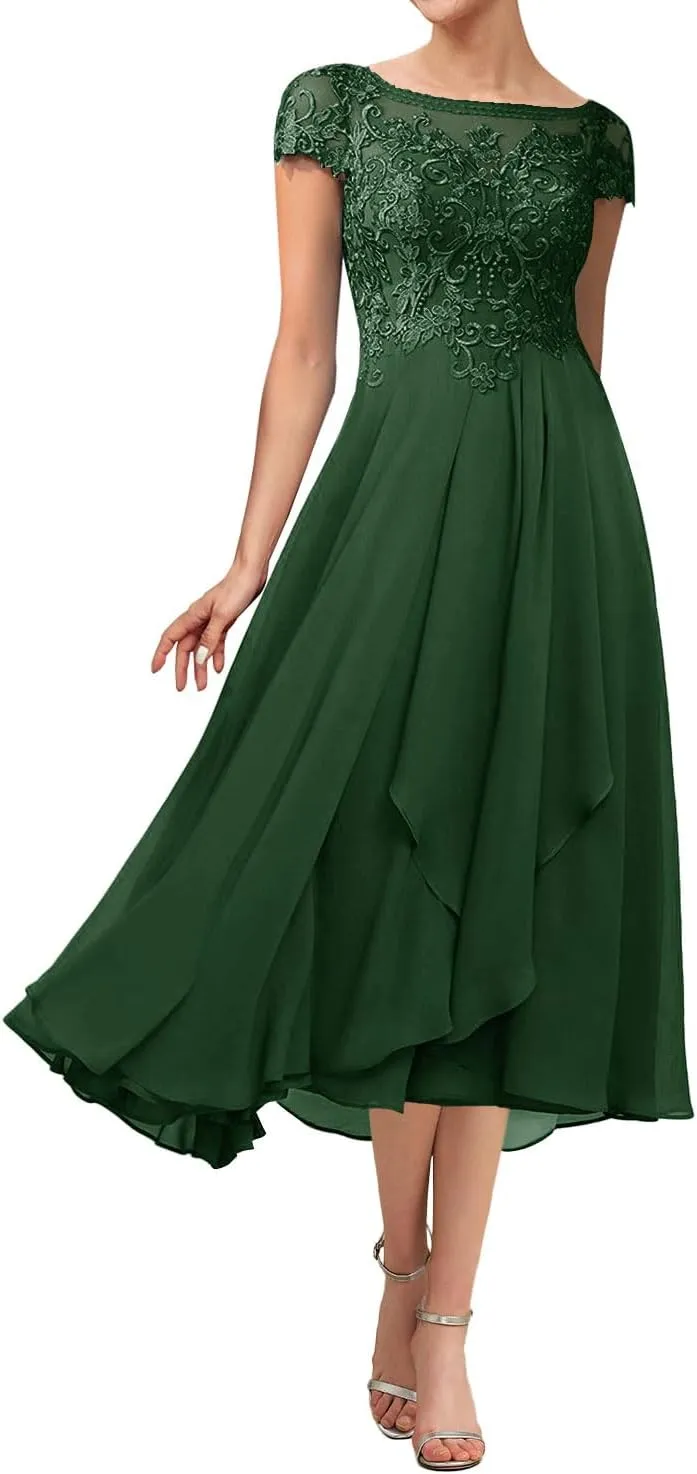 Tea Length Mother of The Bride Dresses for Wedding Lace Wedding Guest Dresses for Women Applique Ruffles Cap Sleeve