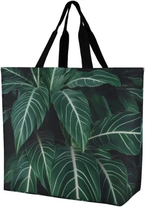 Tote Bag,Painted Foldable Shopping Tote Bag,washable Coating Groceries Storage Green Long Leaves Bags for Shopping Or Travel