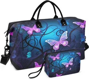 Travel Duffel Bag for Women Men, Purple Blue Butterfly Large Waterproof Weekender Overnight Bag, Detachable Shoulder Strap Travel Sport Gym Bag with Toiletry Bag
