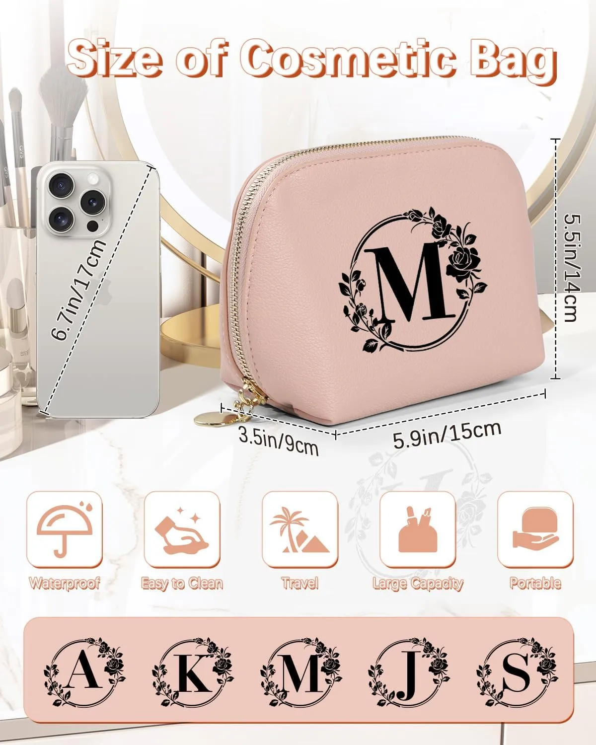 Travel Makeup Bag, Small Capacity Cosmetic Bags for Women Girls, Leather Zipper Waterproof Portable Pouch Open Flat Toiletry Bag, Birthday Gift For Daughter, Preppy Things For Girls (Pink M)