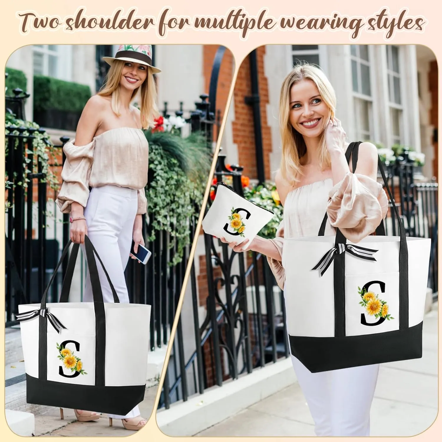 TRSODD Birthday Gifts for Women Mothers Day Gifts for Mom Wife Grandma Daughter Sister Friends Monogram Large Initial Tote Bag and Makeup Bag C