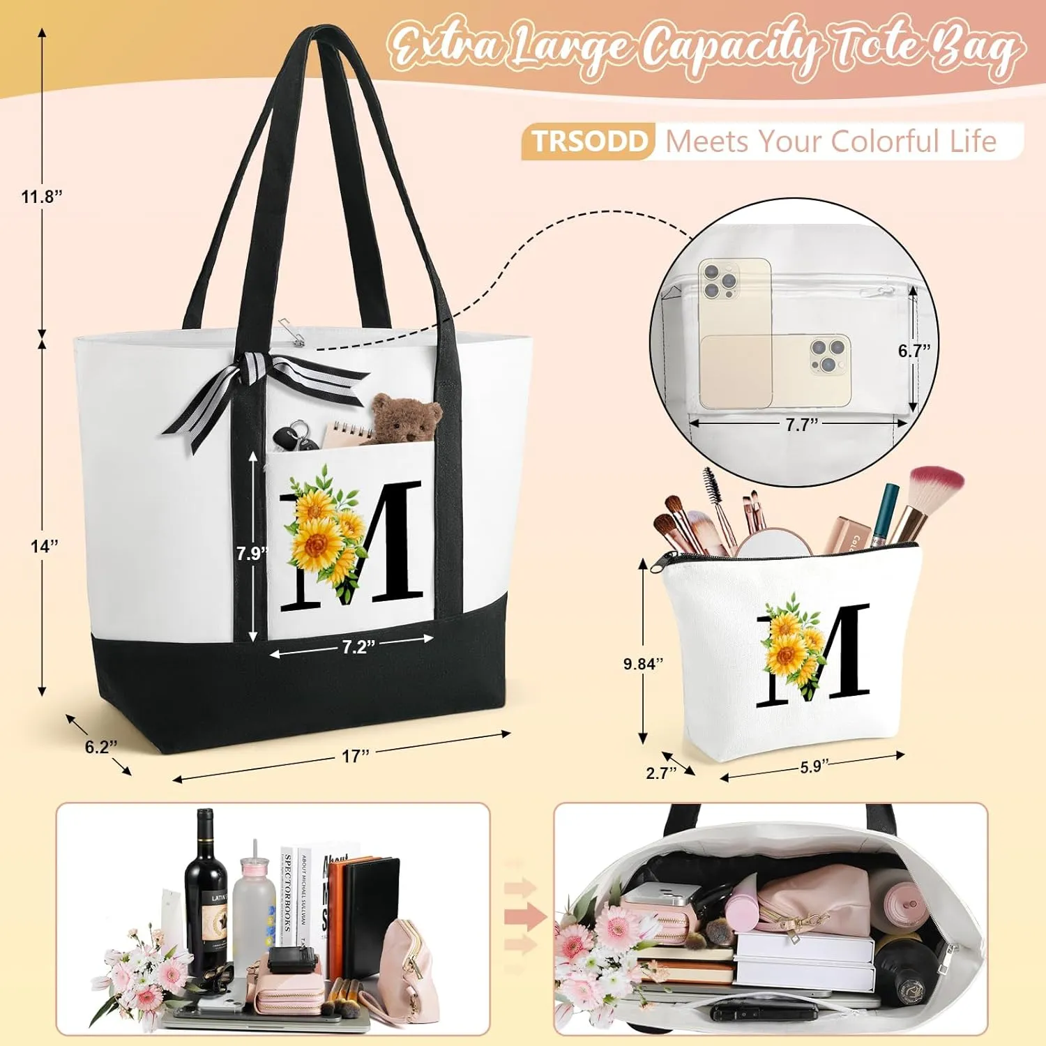 TRSODD Birthday Gifts for Women Mothers Day Gifts for Mom Wife Grandma Daughter Sister Friends Monogram Large Initial Tote Bag and Makeup Bag C