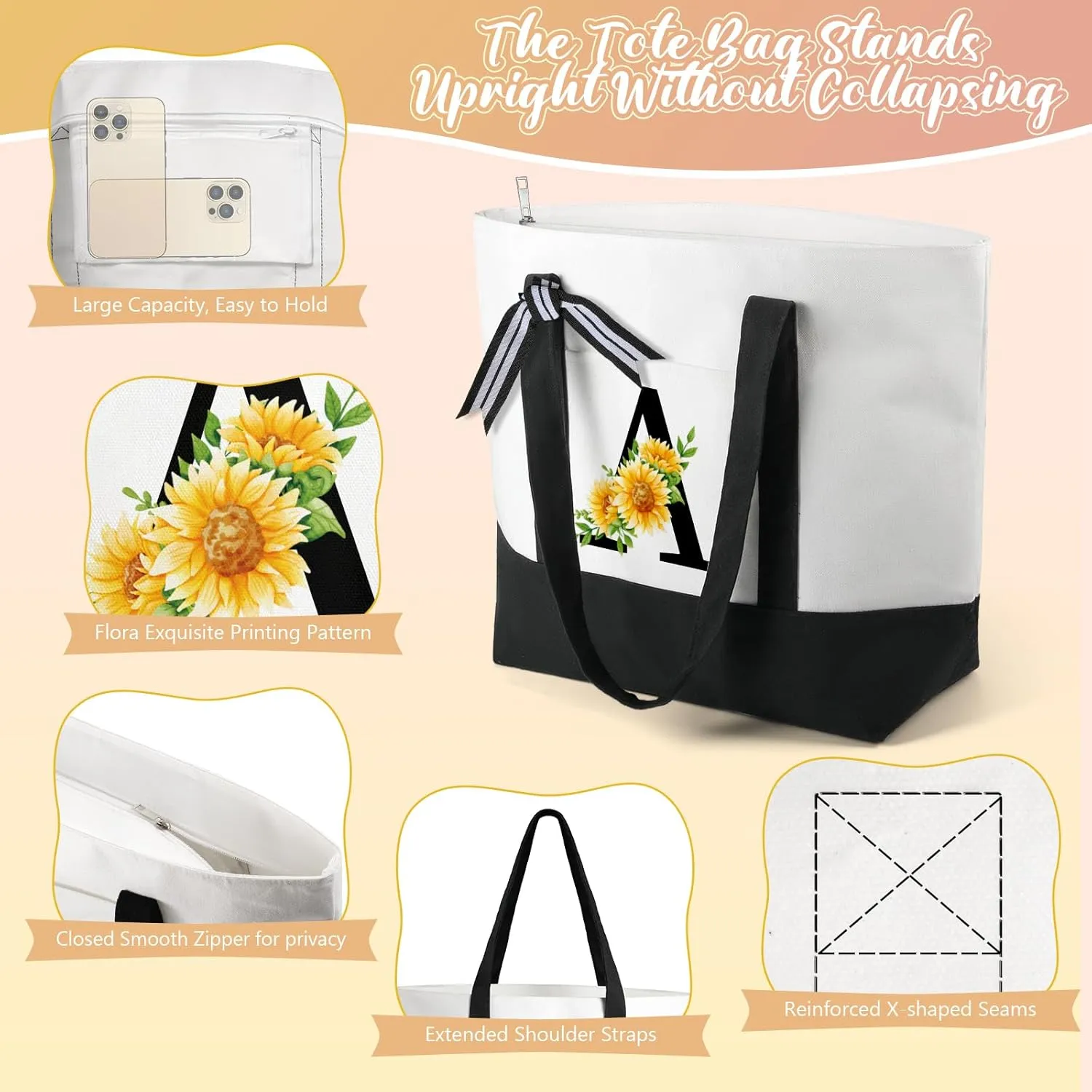 TRSODD Birthday Gifts for Women Mothers Day Gifts for Mom Wife Grandma Daughter Sister Friends Monogram Large Initial Tote Bag and Makeup Bag C