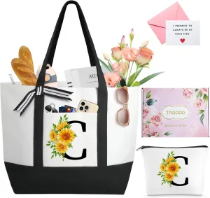 TRSODD Birthday Gifts for Women Mothers Day Gifts for Mom Wife Grandma Daughter Sister Friends Monogram Large Initial Tote Bag and Makeup Bag C