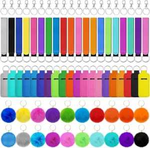 Tudomro Lipstick Holder Keychain Poms Keychains Bulk Lip Balm Holder Set Include Colorful Wristlet Key Rings Ball Metal Key Rings for Lipstick Lanyards Women(Bright Color,20 Sets)