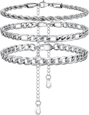 U7 2Pcs/3Pcs Ankle Bracelets for Women, Stainless Steel Cuban Link/Figaro/Rope/Heart Chain Anklets Sets,Waterproof Layered Anklets Adjustable 8.5"-10.5"