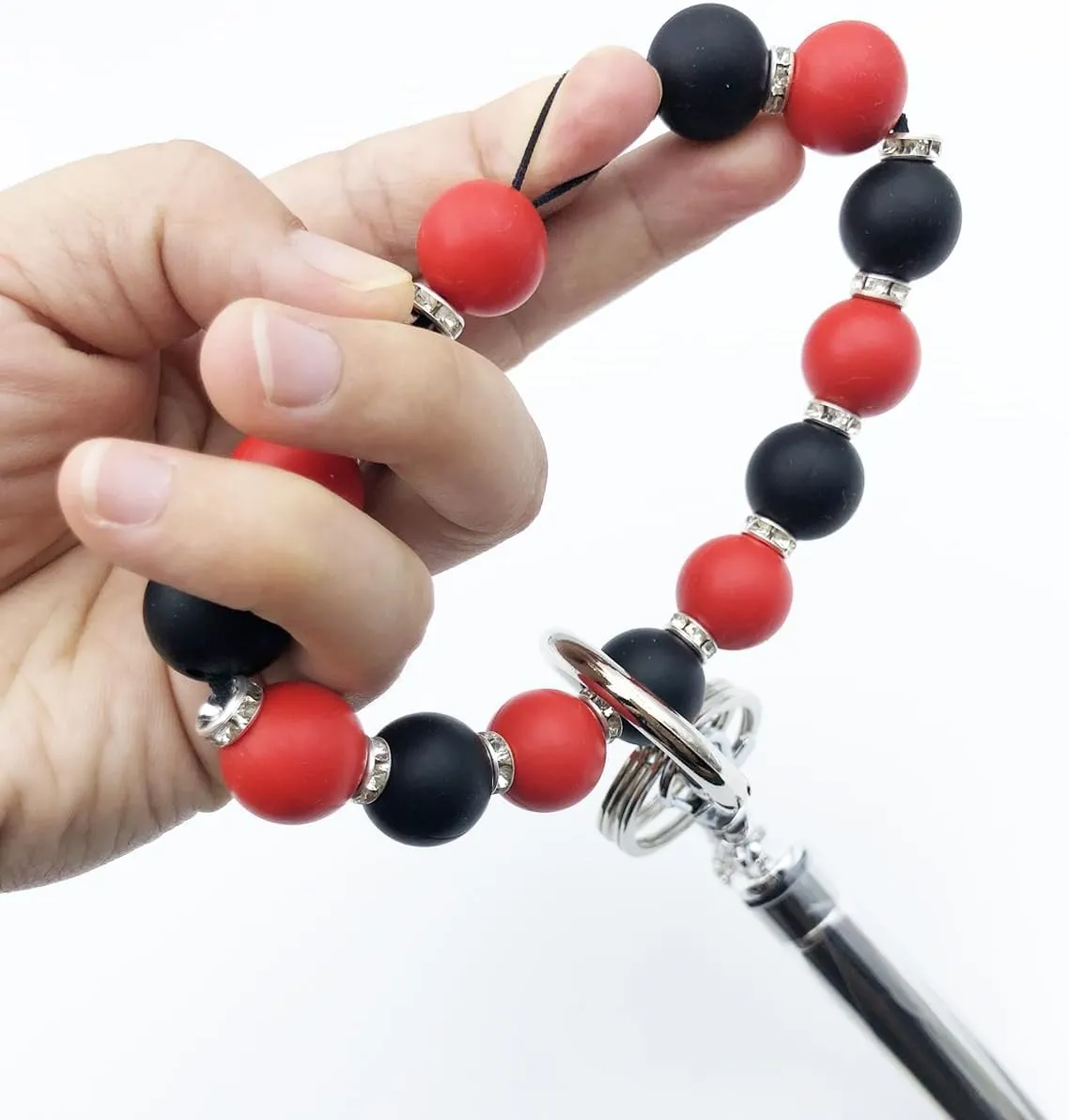 Unpafcxddyig Wristlet Bracelet Keychain Silicone Beads with Leather Tassel Rhinestone Key Rings Silver for Women
