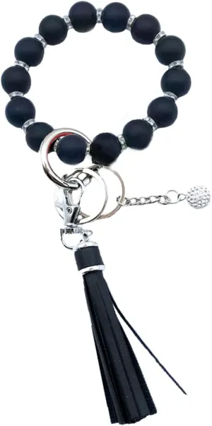 Unpafcxddyig Wristlet Bracelet Keychain Silicone Beads with Leather Tassel Rhinestone Key Rings Silver for Women