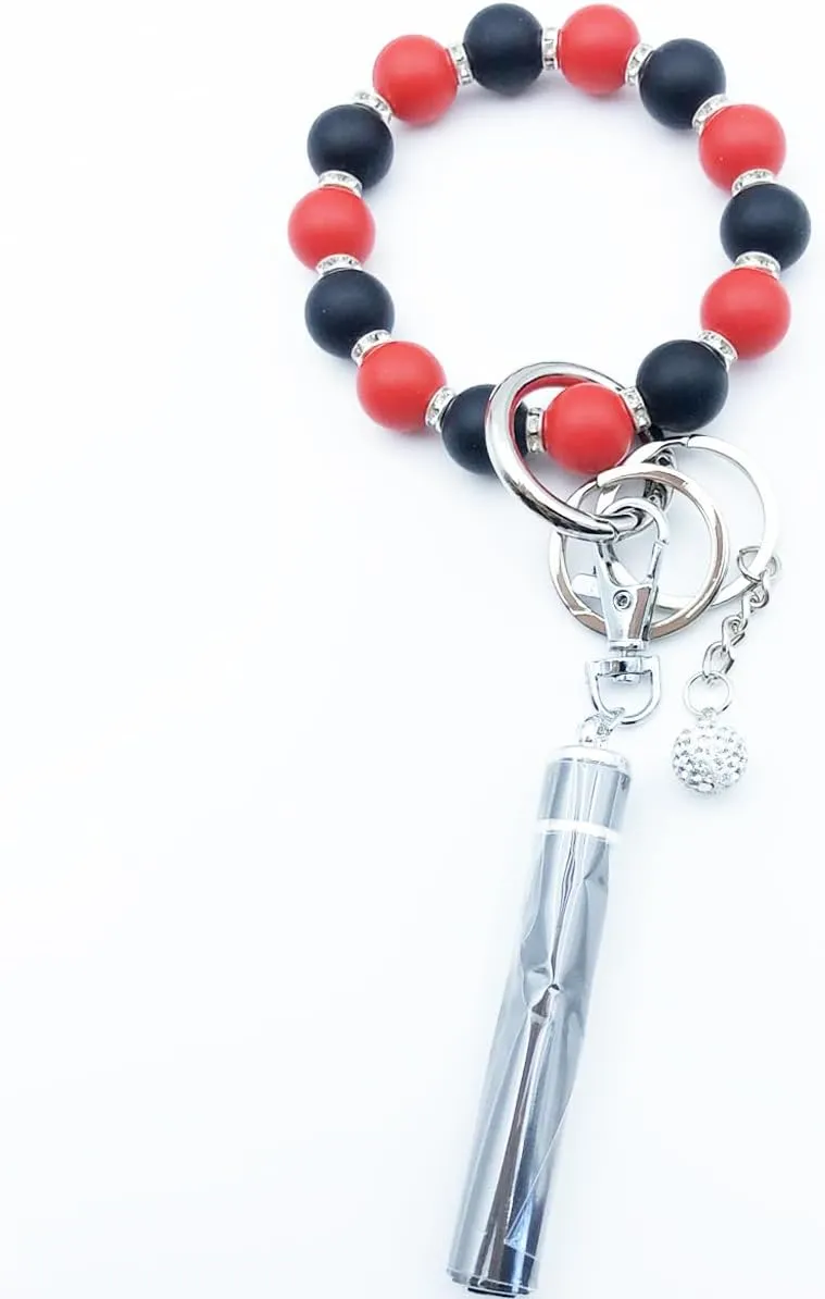 Unpafcxddyig Wristlet Bracelet Keychain Silicone Beads with Leather Tassel Rhinestone Key Rings Silver for Women