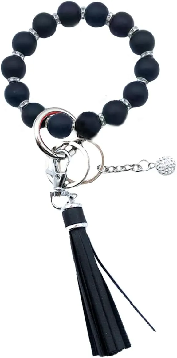 Unpafcxddyig Wristlet Bracelet Keychain Silicone Beads with Leather Tassel Rhinestone Key Rings Silver for Women