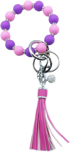 Unpafcxddyig Wristlet Bracelet Keychain Silicone Beads with Leather Tassel Rhinestone Key Rings Silver for Women,pink