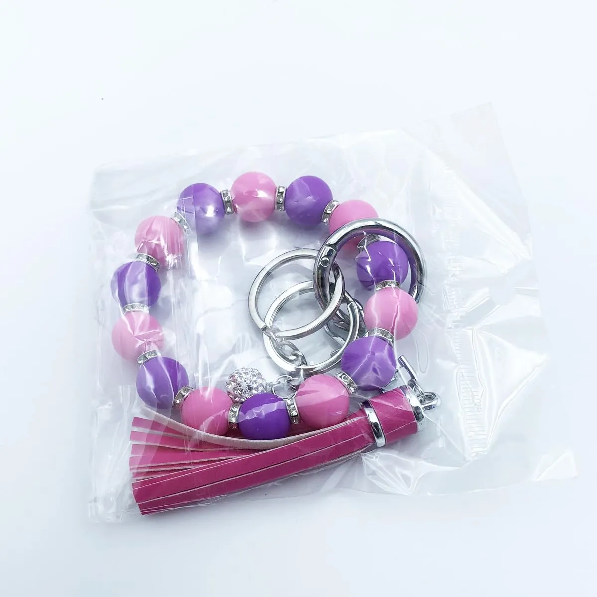 Unpafcxddyig Wristlet Bracelet Keychain Silicone Beads with Leather Tassel Rhinestone Key Rings Silver for Women,pink