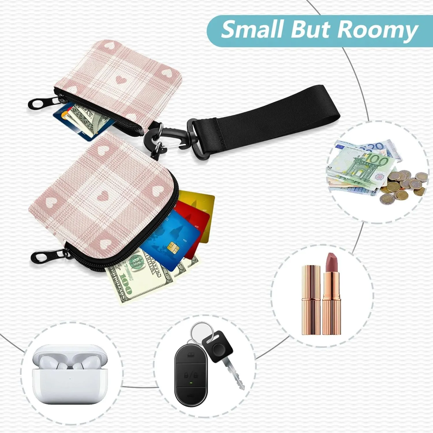 Valentines Hearts Peach White Women's Coin Purses Card Cases Large Capacity Women's Money Organizers with Zipper Coin Pocket for Men Women 2 Packs