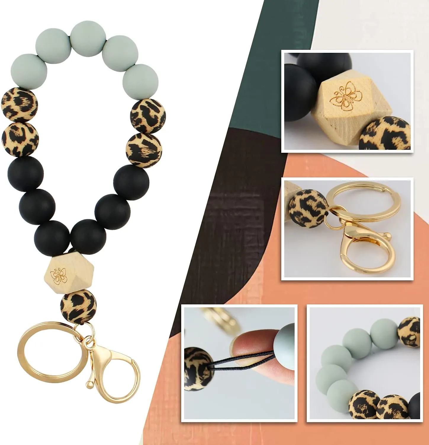 VIQWYIC Wristlet Bracelet Keychain with Wallet for Women, Silicone Beaded Keychain Bangle Car Key Rings, Card Holder Wallet