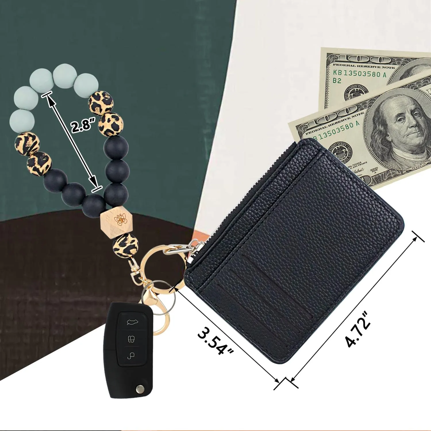 VIQWYIC Wristlet Bracelet Keychain with Wallet for Women, Silicone Beaded Keychain Bangle Car Key Rings, Card Holder Wallet