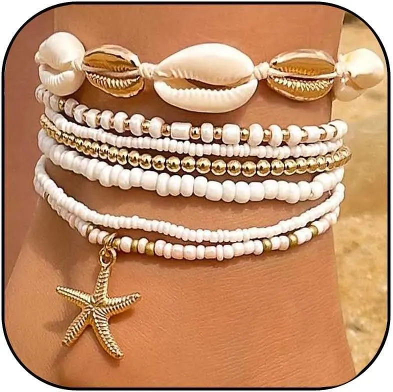 Volare Shell Anklet for Women Starfish Anklet Beach Anklets Puka Shell Anklets Seashell stackable Ankle Bracelets