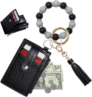 Wallet Keychain Wristlet Bracelet, Slim Rfid Credit Card Holder Purse Keychain Bangle, Beaded Car Key Rings