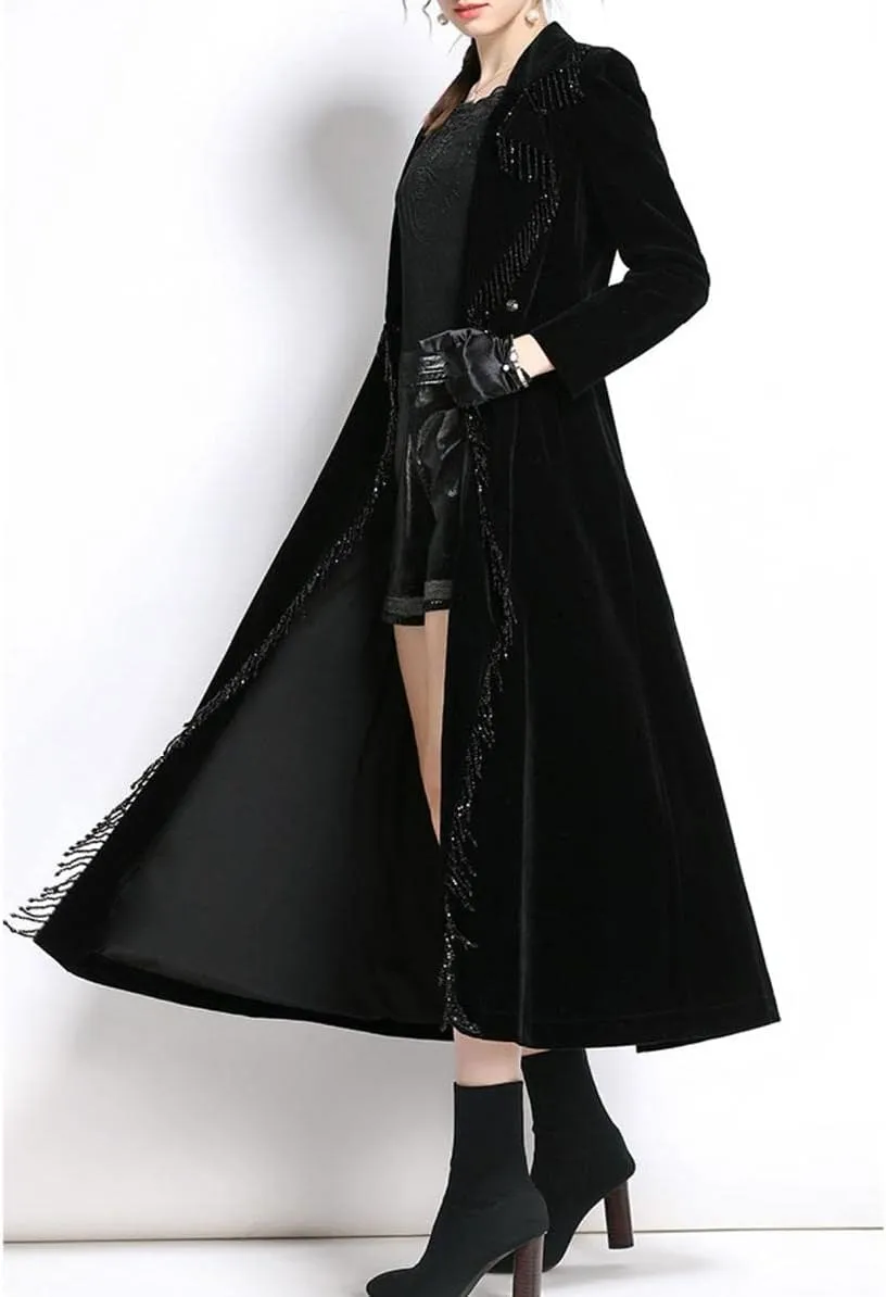 watersouprty Women's Slim Wool Blend Coat Lapel Long Sleeve Vintage Velvet Trench Coat Dress Pea Coat