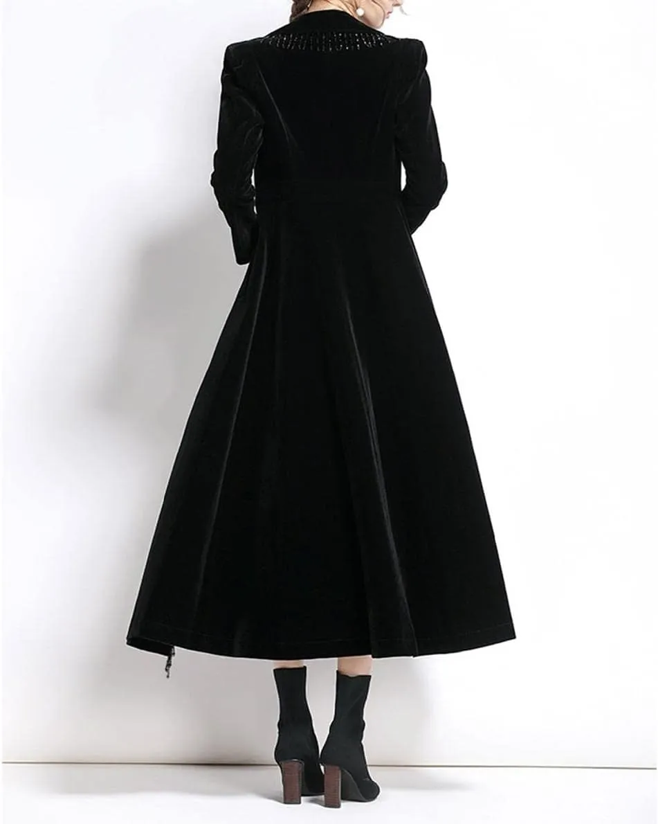 watersouprty Women's Slim Wool Blend Coat Lapel Long Sleeve Vintage Velvet Trench Coat Dress Pea Coat