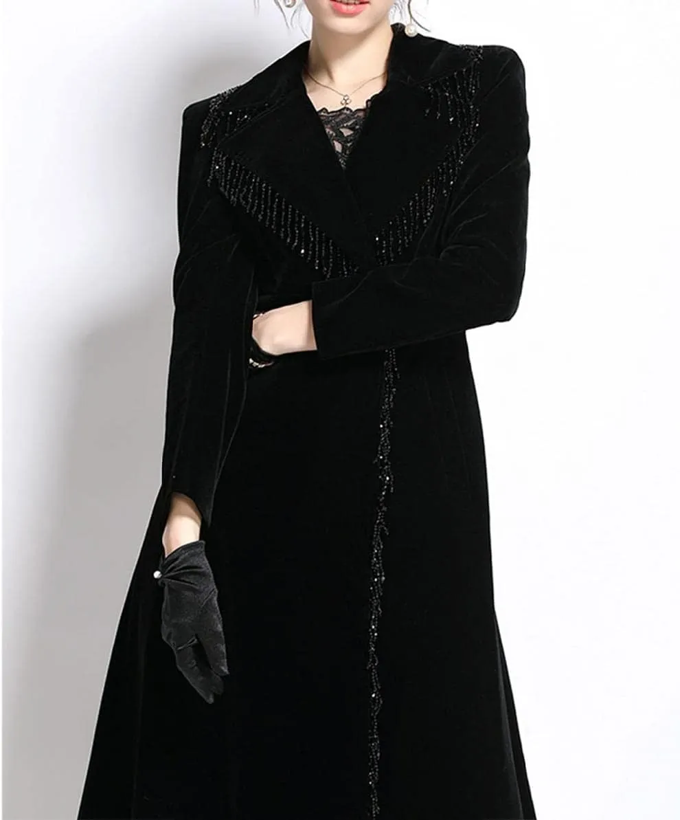 watersouprty Women's Slim Wool Blend Coat Lapel Long Sleeve Vintage Velvet Trench Coat Dress Pea Coat