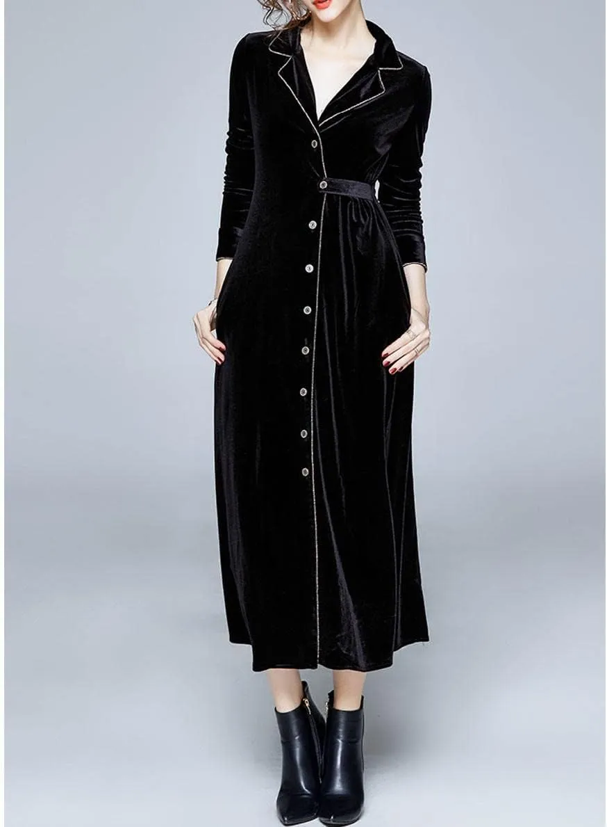 watersouprty Women's Slim Wool Blend Coat Lapel Long Sleeve Vintage Velvet Trench Coat Dress Pea Coat
