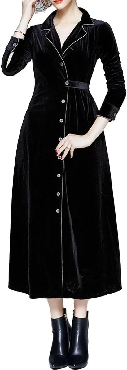 watersouprty Women's Slim Wool Blend Coat Lapel Long Sleeve Vintage Velvet Trench Coat Dress Pea Coat