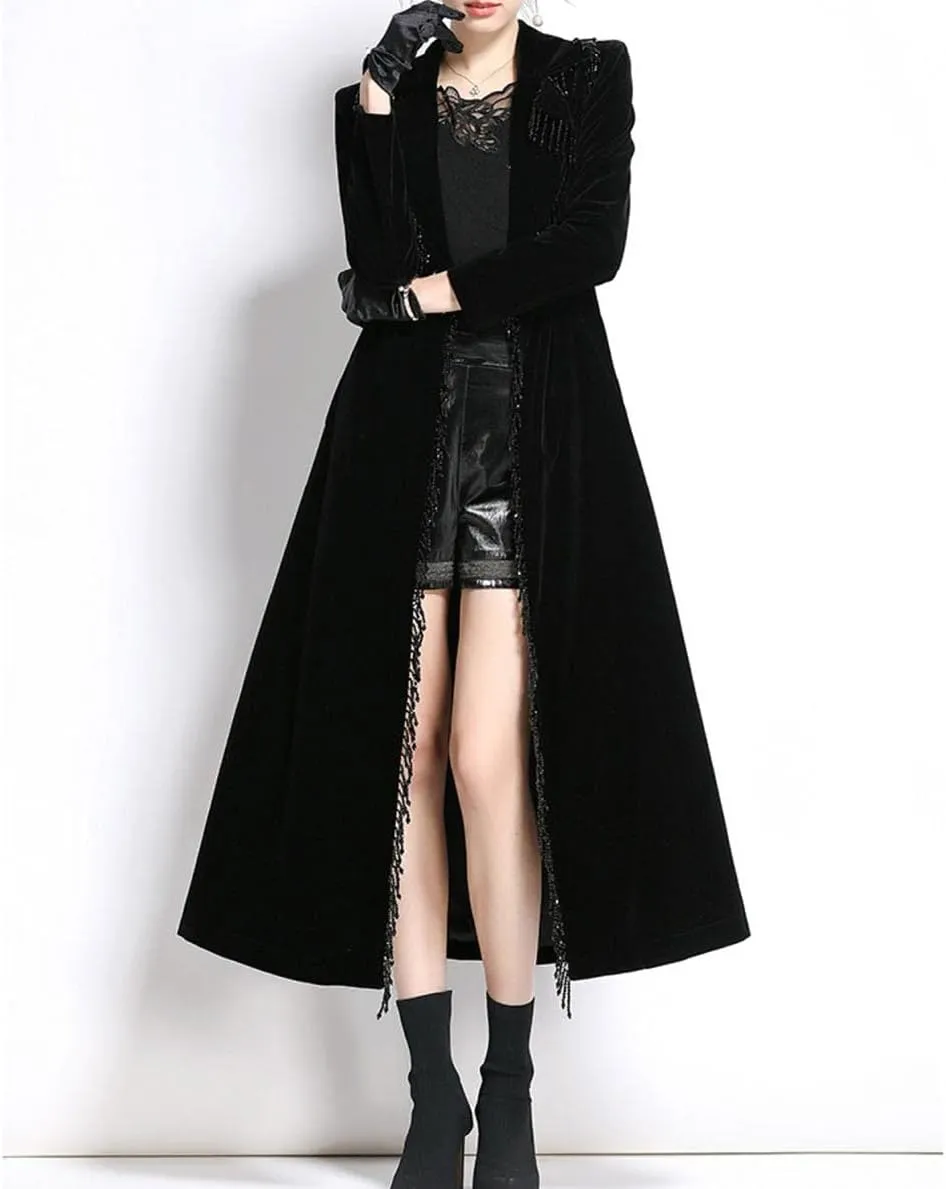 watersouprty Women's Slim Wool Blend Coat Lapel Long Sleeve Vintage Velvet Trench Coat Dress Pea Coat