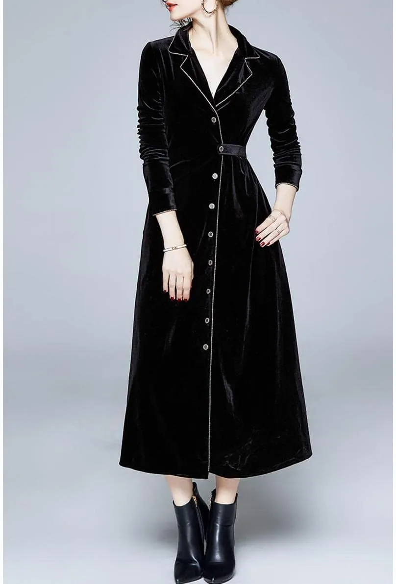watersouprty Women's Slim Wool Blend Coat Lapel Long Sleeve Vintage Velvet Trench Coat Dress Pea Coat