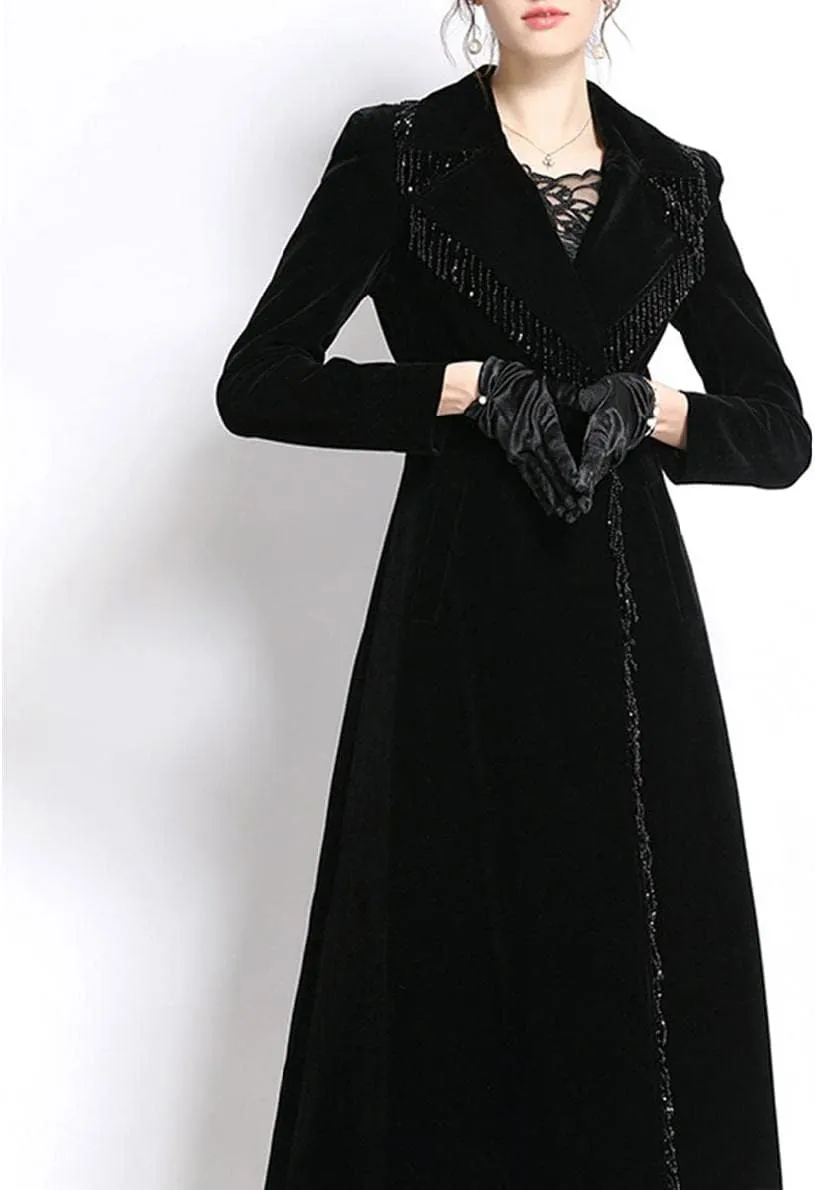watersouprty Women's Slim Wool Blend Coat Lapel Long Sleeve Vintage Velvet Trench Coat Dress Pea Coat