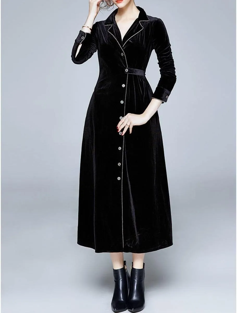 watersouprty Women's Slim Wool Blend Coat Lapel Long Sleeve Vintage Velvet Trench Coat Dress Pea Coat