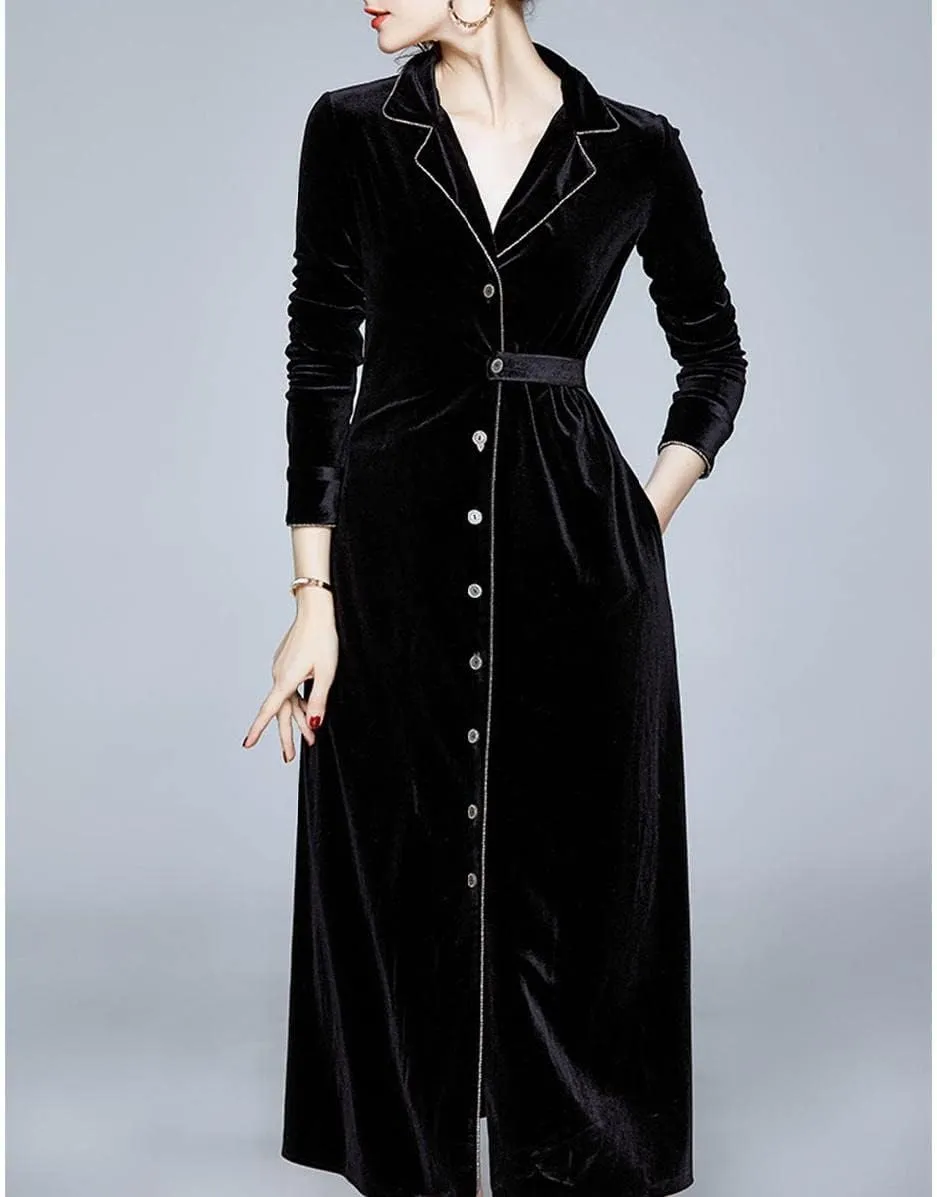 watersouprty Women's Slim Wool Blend Coat Lapel Long Sleeve Vintage Velvet Trench Coat Dress Pea Coat