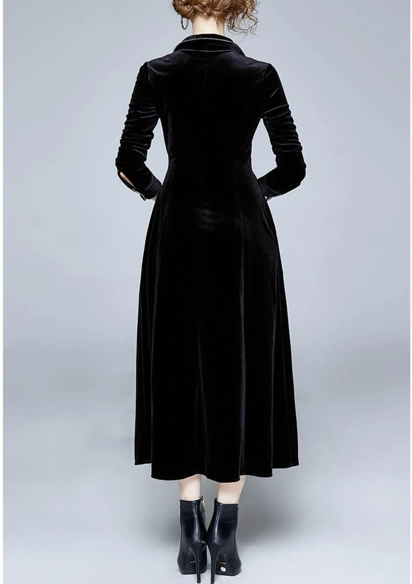 watersouprty Women's Slim Wool Blend Coat Lapel Long Sleeve Vintage Velvet Trench Coat Dress Pea Coat