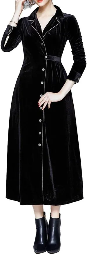 watersouprty Women's Slim Wool Blend Coat Lapel Long Sleeve Vintage Velvet Trench Coat Dress Pea Coat