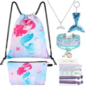 WAWSAM 10 PCS Mermaid Gift Set for Girls - Mermaid Drawstring Bag, Cosmetic Bag, Necklace, Bracelet, Keychain, Hair Ties