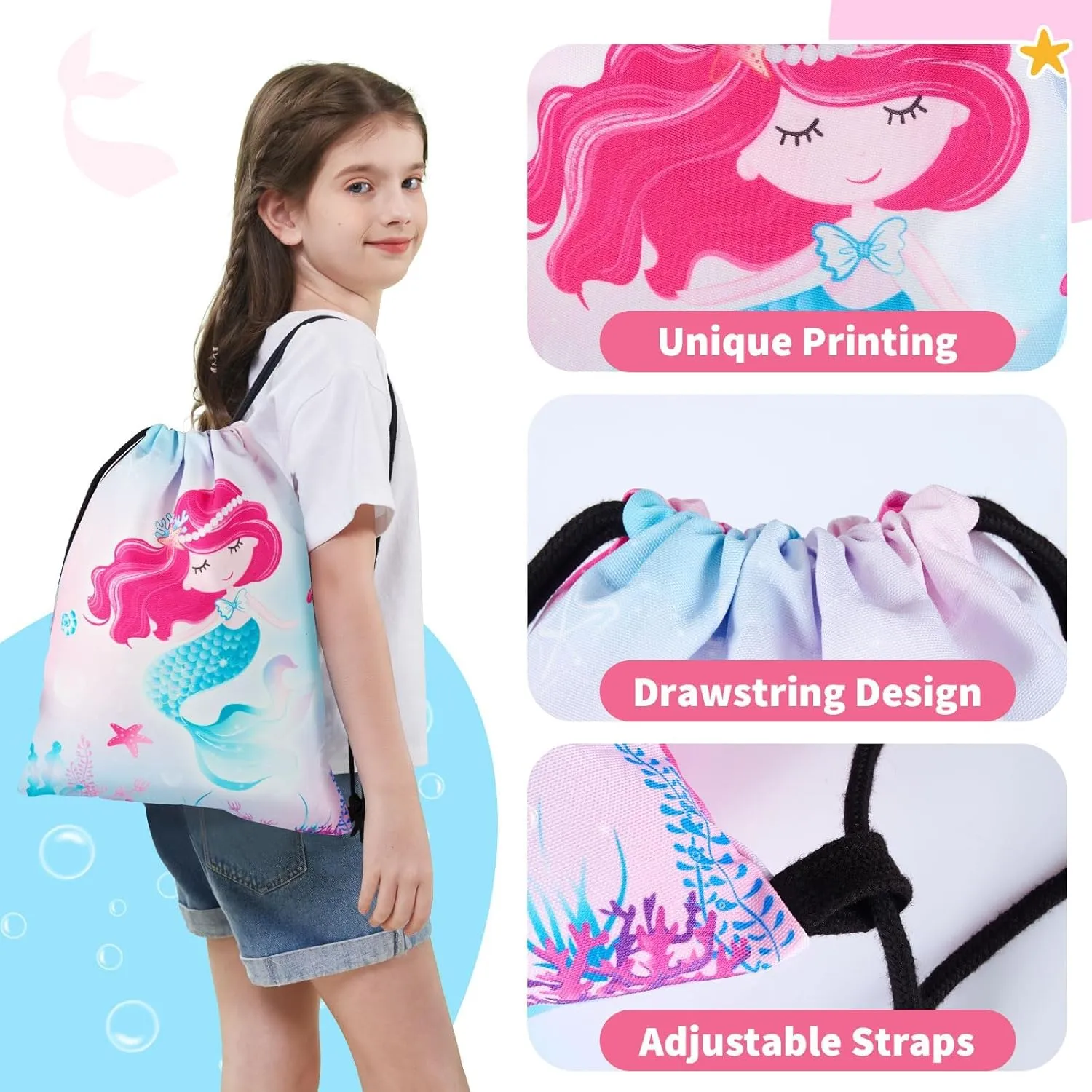 WAWSAM 10 PCS Mermaid Gift Set for Girls - Mermaid Drawstring Bag, Cosmetic Bag, Necklace, Bracelet, Keychain, Hair Ties