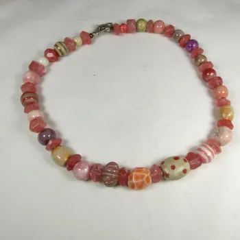 Whimsical Pink Handmade Ceramic Bead Necklace