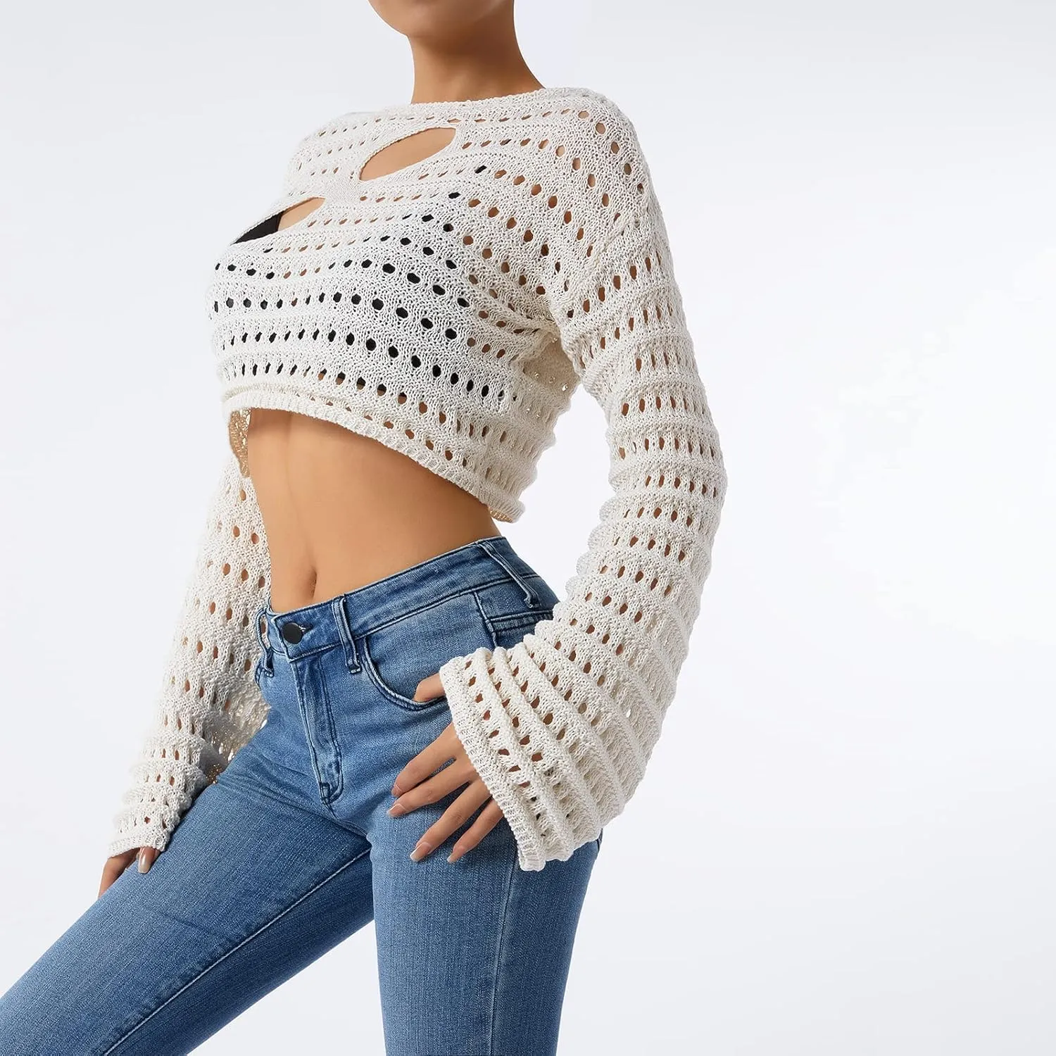 Women Hollow Out Crochet Knit Crop Tops Color Block Long Sleeve Square Neck Fall Sweaters Tops