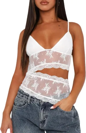 Women Lace Cami Tank Top Floral Mesh Spaghetti Strap Vest Sexy Backless Sleeveless Crop Tops Y2k Going Out Outfits